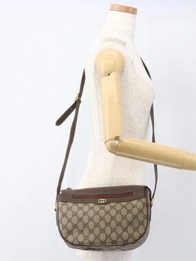 GUCCI GG Supreme Web Sherry Line Shoulder Bag PVC Beige Gold Auth 160559